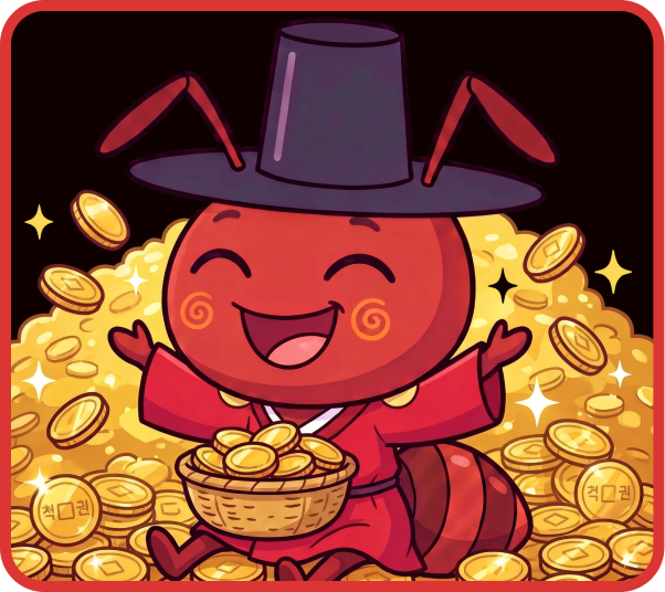Fireant celebrating on a pile of gold